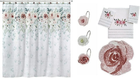 Avanti Linens Spring Garden Shower Curtain, Shower Hooks, Rug, Bath Towel, Hand Towel and Finger Tip Towel, Pink Peonies