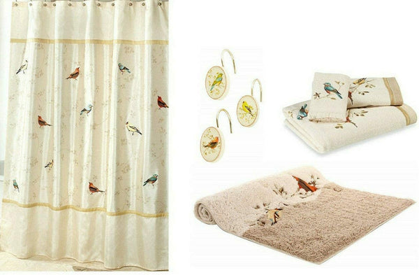 Avanti Linens Gilded Birds Shower Curtain, 12 Shower Hooks, Bath Rug and 3 Piece Towel Set
