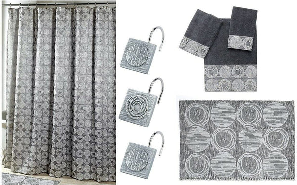 Avanti Linens Galaxy Shower Curtain, Shower Hooks, Rug, Bath Towel, Hand Towel and Finger Tip Towel, Granite