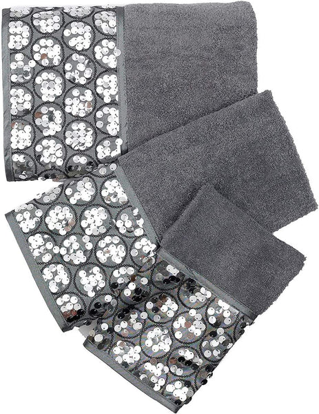 Sinatra 3 Piece Bath Towel, Hand Towel and Fingertip Towel Set, Silver with Sequins