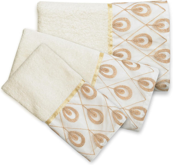 Seraphina 3 Piece Bath Towel, Hand Towel and Fingertip Towel Set, Ivory with Gold accent
