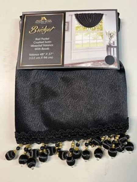 Bridget Crushed Satin Valance with Black and Gold Beaded Trim, Black