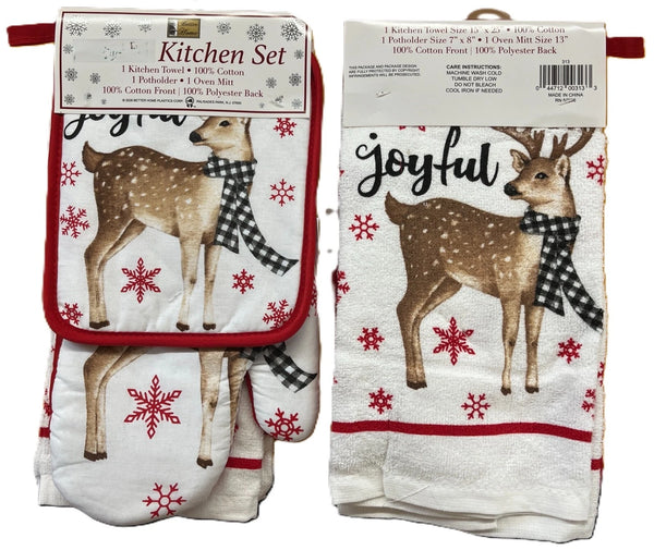 Merry Christmas 6 Piece Kitchen Set, 2 Dish Towels, 2 Pot Holders, 2 Oven Mitts - Reindeer