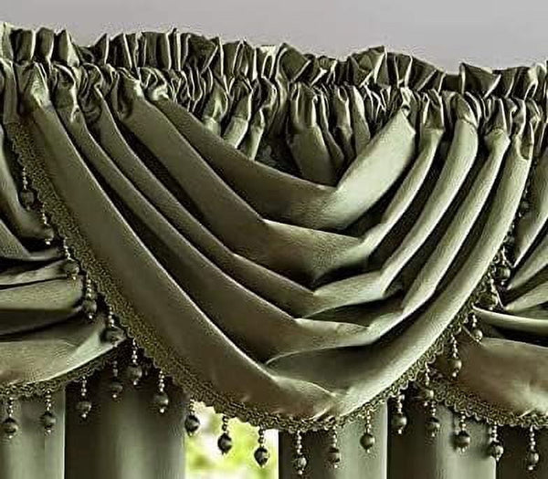 Bridget Crushed Satin Valance with Beaded Trim, Sage Green