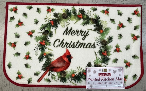 Christmas Kitchen Rug, 17" x 28" Half Moon Mat, Merry Christmas Cardinal