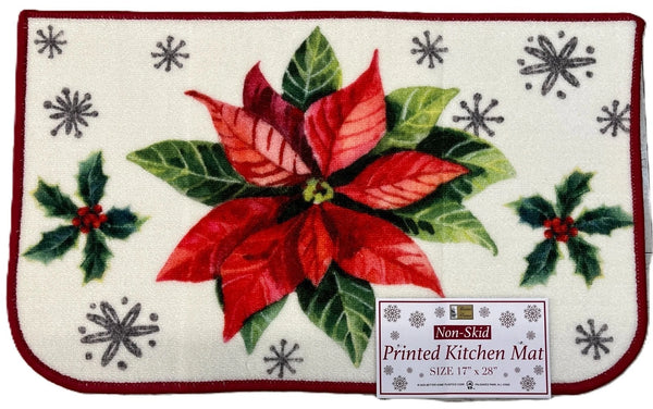 Christmas Kitchen Rug, 17" x 28" Half Moon Mat, Poinsettia