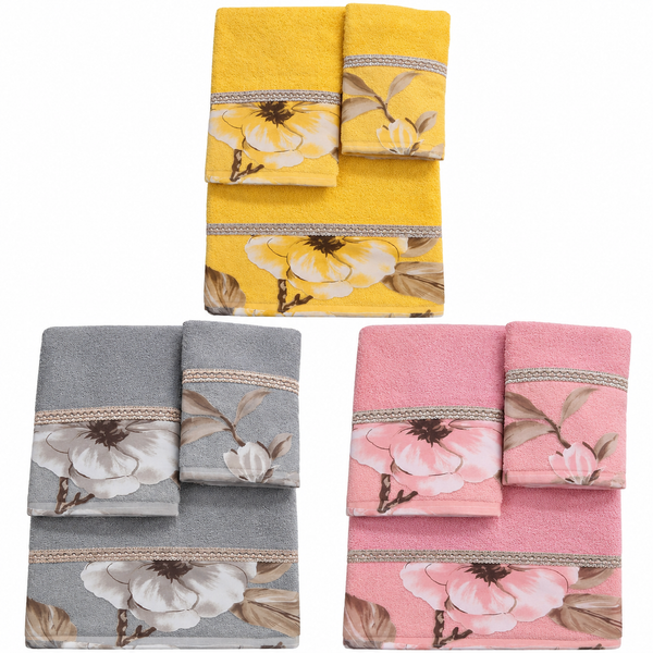 Melrose 3-Piece Cotton Bath Towel Set – GRAY, PINK, YELLOW