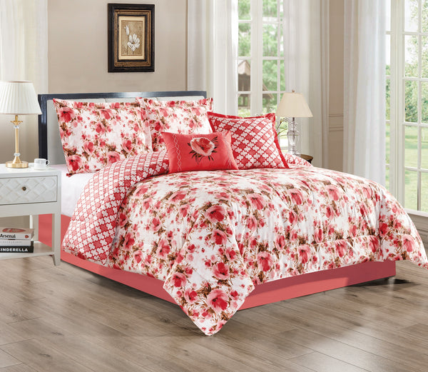Judith 5 Piece Comforter Set Includes 2 Pillow Shams and 2 Throw Pillows, Coral