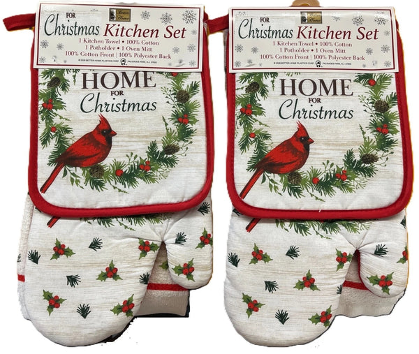 Merry Christmas 6 Piece Kitchen Set, 2 Dish Towels, 2 Pot Holders, 2 Oven Mitts - Cardinal