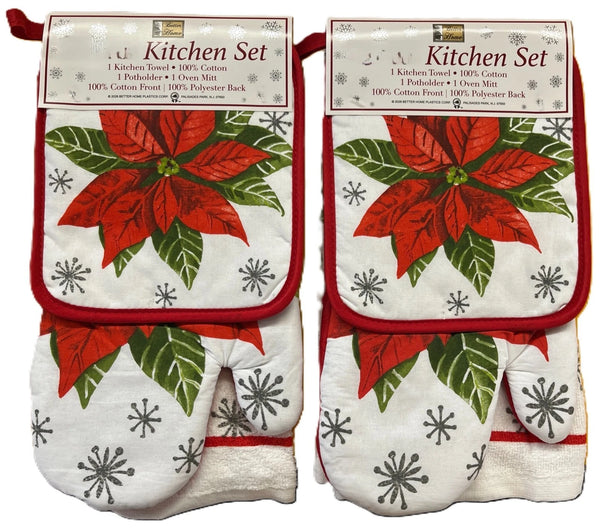Merry Christmas 6 Piece Kitchen Set, 2 Dish Towels, 2 Pot Holders, 2 Oven Mitts - Poinsettia