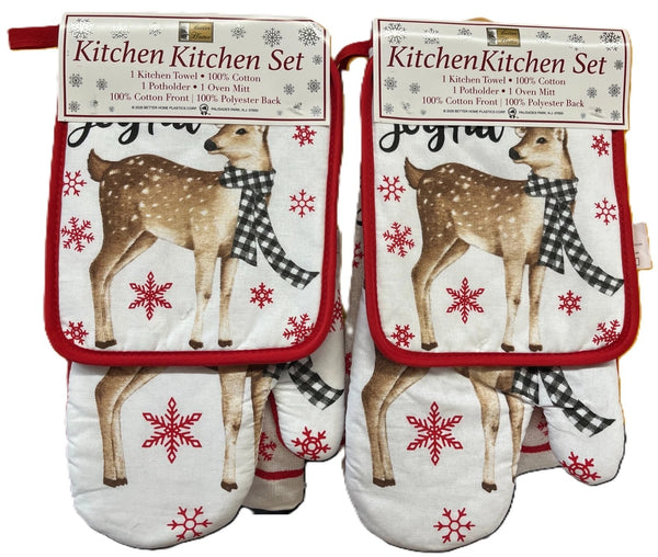 Merry Christmas 6 Piece Kitchen Set, 2 Dish Towels, 2 Pot Holders, 2 Oven Mitts - Reindeer