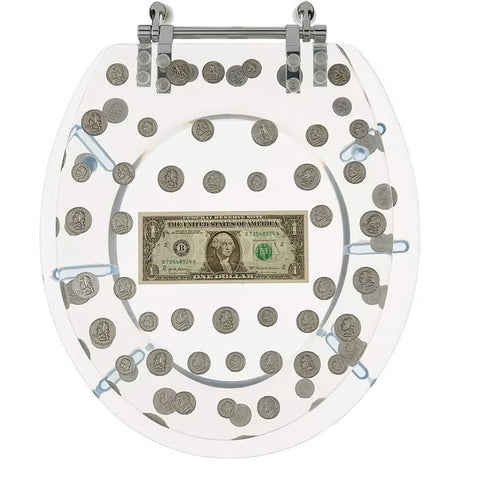 BIG MONEY RESIN TOILET SEAT WITH DOLLAR BILL AND COINS, STANDARD ROUND