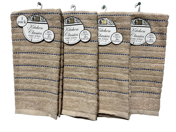 Set of 4 Kitchen Dish Towels, Tea Towels, Stripe Design - Beige