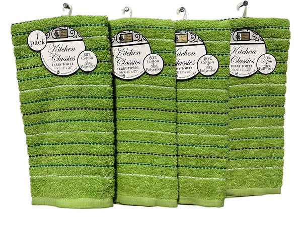 Set of 4 Kitchen Dish Towels, Tea Towels, Stripe Design - Green