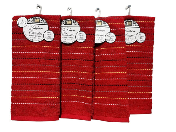 Set of 4 Kitchen Dish Towels, Tea Towels, Stripe Design - Red