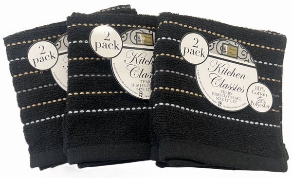 Set of 6 Cotton Blend Dish Cloths - Black