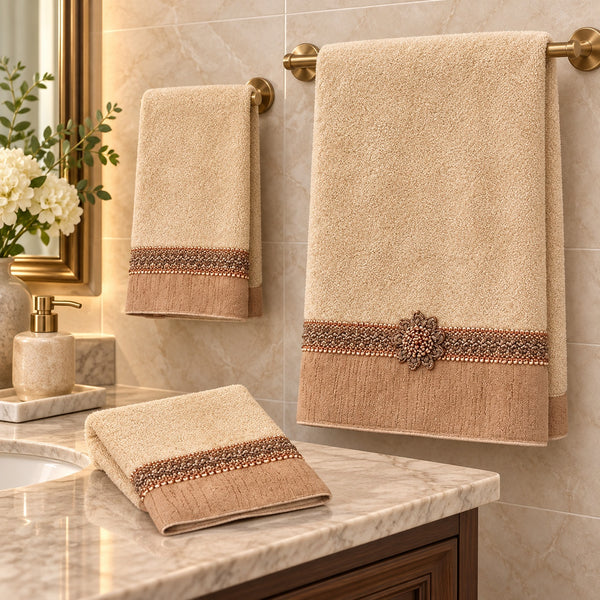 Avanti Braided Cuff 3 Piece Bath Towel, Hand Towel and Fingertip Towel Set, Rattan Gold