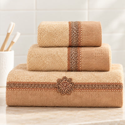 Avanti Braided Cuff 3 Piece Bath Towel, Hand Towel and Fingertip Towel Set, Rattan Gold