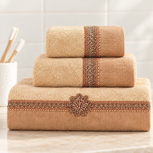 Avanti Braided Cuff 3 Piece Bath Towel, Hand Towel and Fingertip Towel Set, Rattan Gold