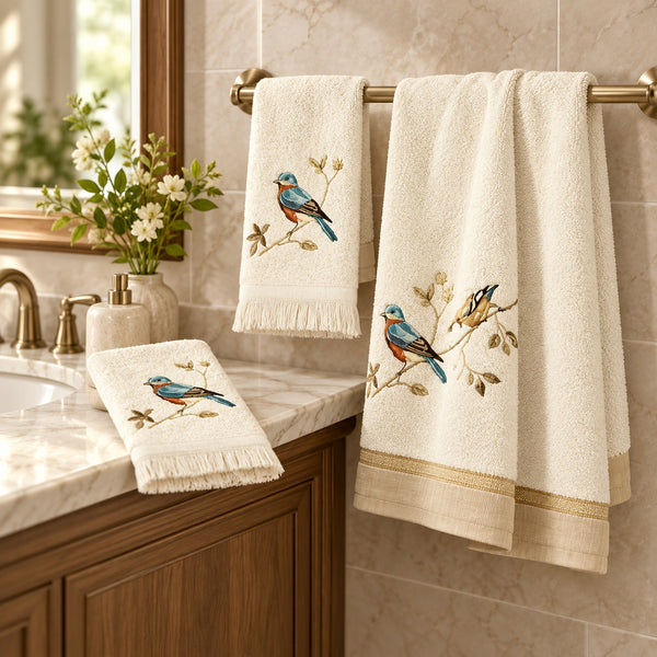 Avanti Gilded Birds 3 Piece Bath Towel, Hand Towel and Fingertip Towel Set Ivory