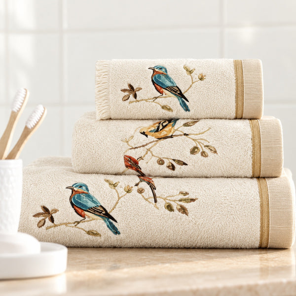 Avanti Gilded Birds 3 Piece Bath Towel, Hand Towel and Fingertip Towel Set Ivory