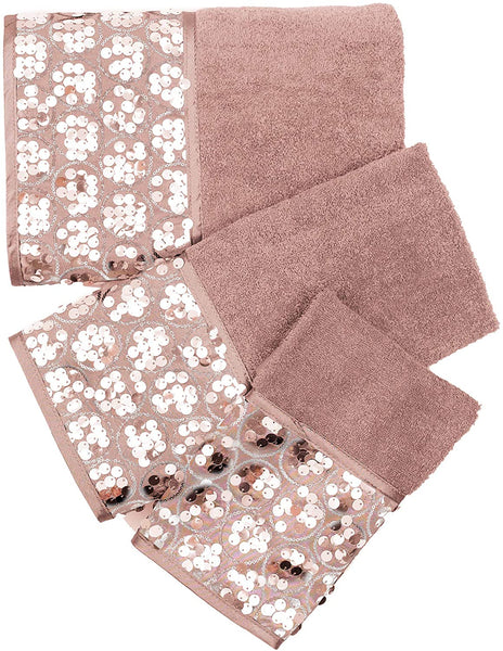Sinatra 3 Piece Bath Towel, Hand Towel and Fingertip Towel Set, Blush Pink with Sequins