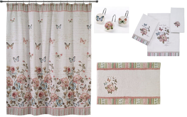 Avanti Linens Butterfly Garden Shower Curtain, Shower Hooks, Rug, Bath Towel, Hand Towel and Finger Tip Towel