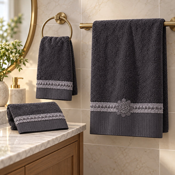 Avanti Linens Braided Medallion Shower Curtain, Shower Hooks, Rug, Bath Towel, Hand Towel and Finger Tip Towel, Granite