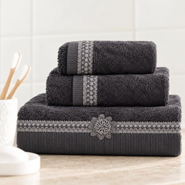 Avanti Braided Cuff 3 Piece Bath Towel, Hand Towel and Fingertip Towel Set, Granite