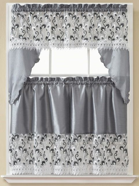 Claudia Embroidered 36" Long Kitchen Curtain Tiers and Swag Set