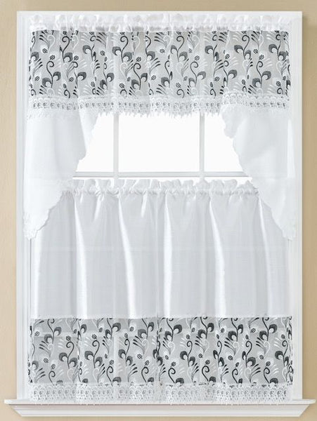 Claudia Embroidered 36" Long Kitchen Curtain Tiers and Swag Set