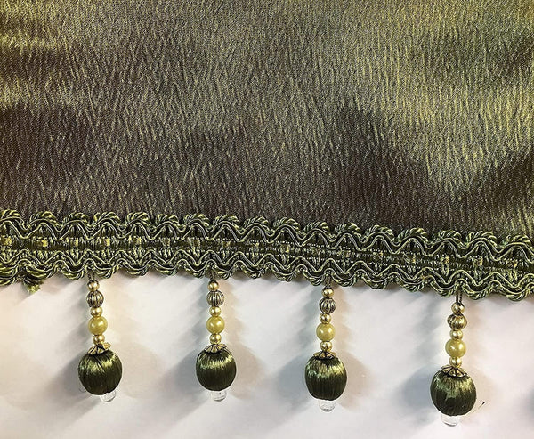 Bridget Crushed Satin Valance with Beaded Trim, Sage Green