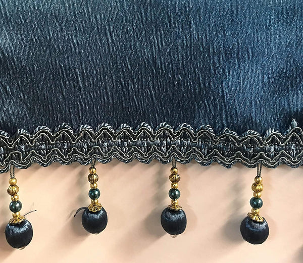 Bridget Crushed Satin Valance with Beaded Trim, Smoke Blue