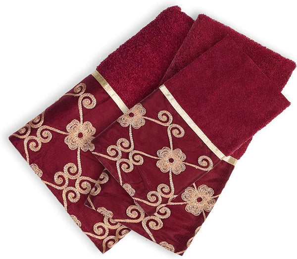 Elegant Rose 3 Piece Bath Towel, Hand Towel and Fingertip Towel Set, Burgundy
