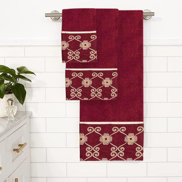 Elegant Rose 3 Piece Bath Towel, Hand Towel and Fingertip Towel Set, Burgundy