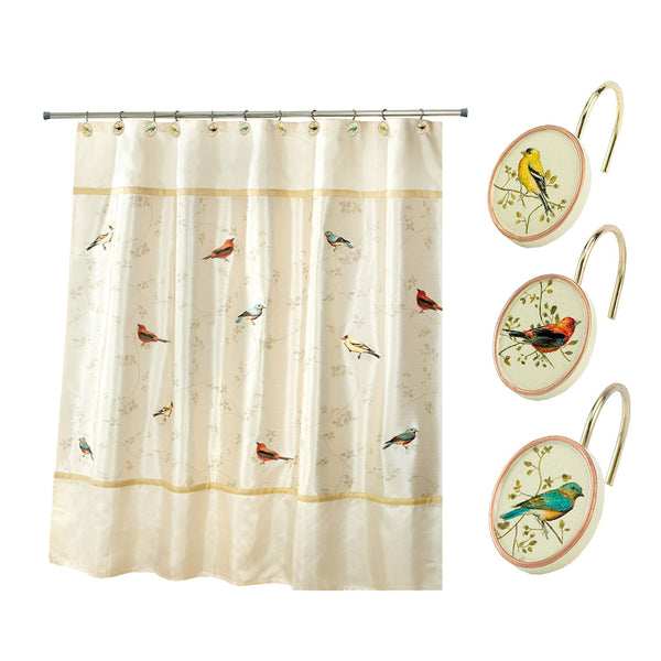 Avanti Linens Gilded Birds Shower Curtain, 12 Shower Hooks, Bath Rug and 3 Piece Towel Set