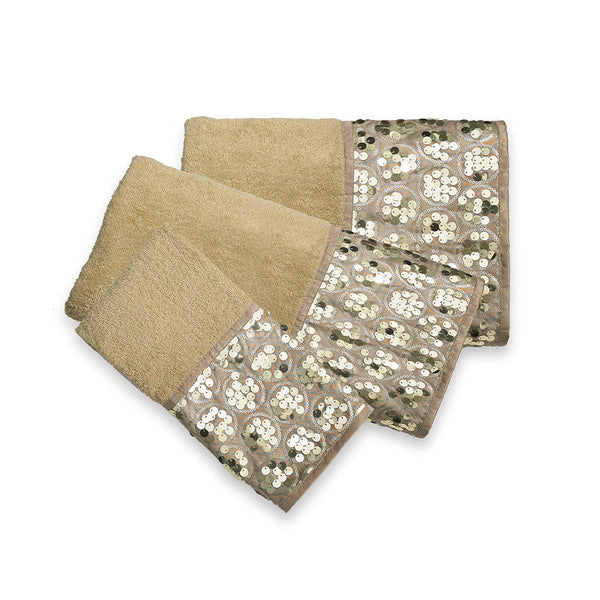 Sinatra 3 Piece Bath Towel, Hand Towel and Fingertip Towel Set, Gold with Sequins
