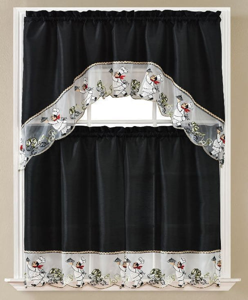 Lola Chef Kitchen Curtains and Swag Set Embroidered, 36" Long, Black