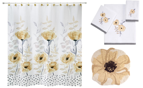 Marielle Shower Curtain, 12 Shower Hooks, Bath Rug and 3 Piece Towel Set, Yellow