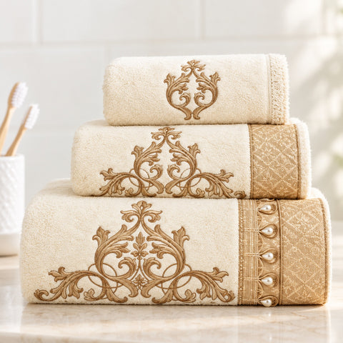 Avanti Monaco 3 Piece Bath Towel, Hand Towel and Fingertip Towel Set, Light Cream