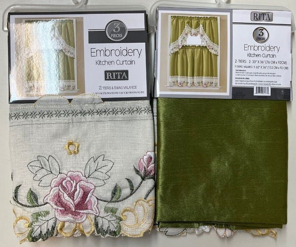 Rita Green Kitchen Curtains and Swag Set with Embroidery, 36" Long