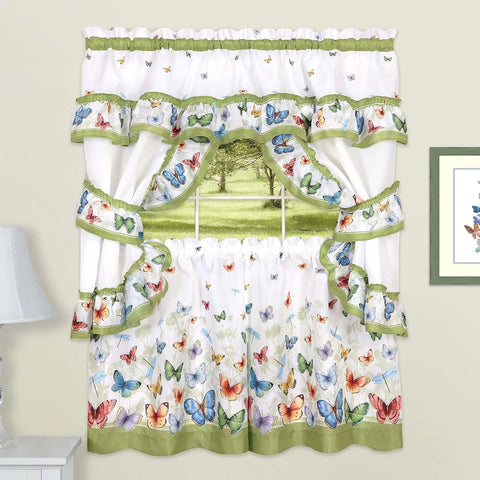 Butterflies Kitchen Tier Curtains and Topper Cottage Set, Green and Multi