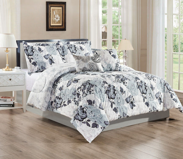 Rhonda 5 Piece Comforter Set Includes 2 Pillow Shams and 2 Throw Pillows, Grey Floral