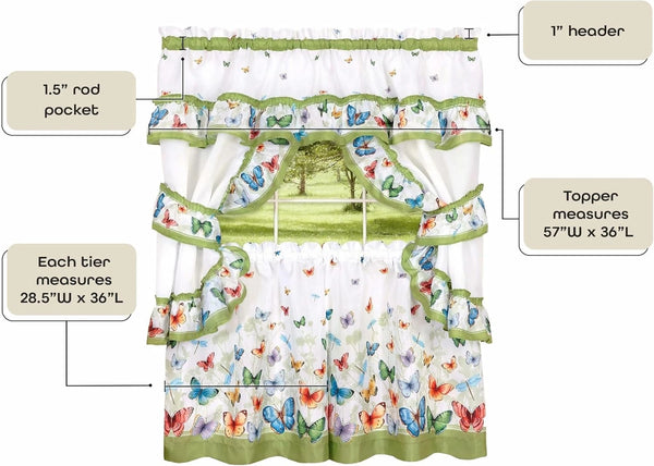 Butterflies Kitchen Tier Curtains and Topper Cottage Set, Green and Multi