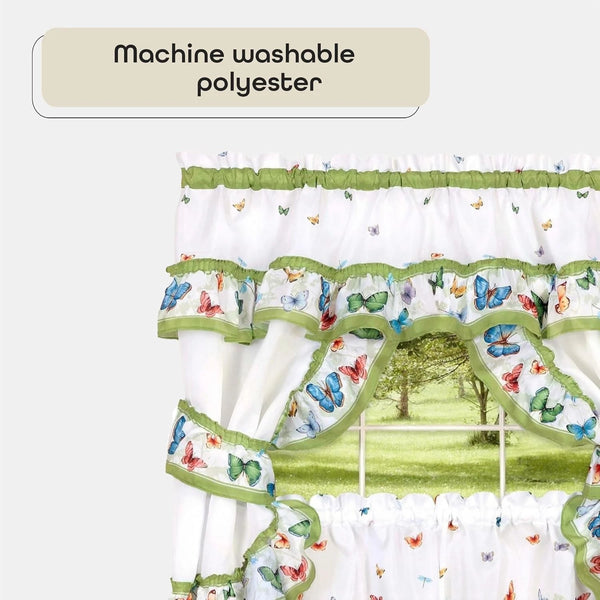 Butterflies Kitchen Tier Curtains and Topper Cottage Set, Green and Multi