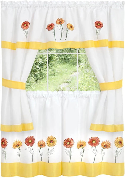 Gerbera Daisy Embellished Kitchen Curtains and Topper Cottage Set