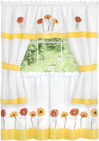 Gerbera Daisy Embellished Kitchen Curtains and Topper Cottage Set