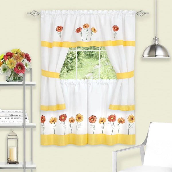 Gerbera Daisy Embellished Kitchen Curtains and Topper Cottage Set