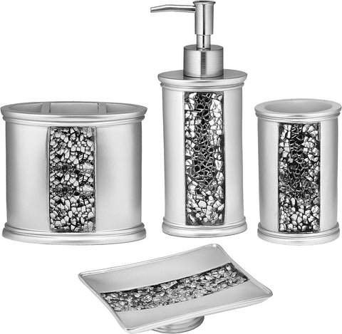 Popular Bath Sinatra 4 Piece Bathroom Set, Heavy Duty Resin Silver with Cracked Ice Glitter Look