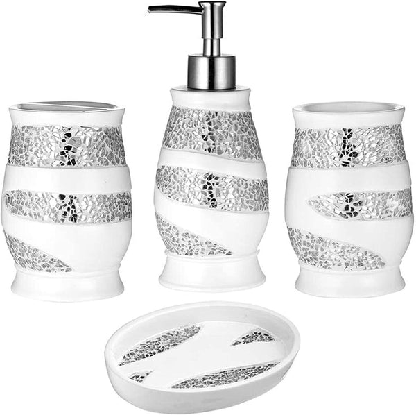 Popular Bath Sinatra 4 Piece Bathroom Set, Heavy Duty Resin White with Cracked Ice Glitter Look